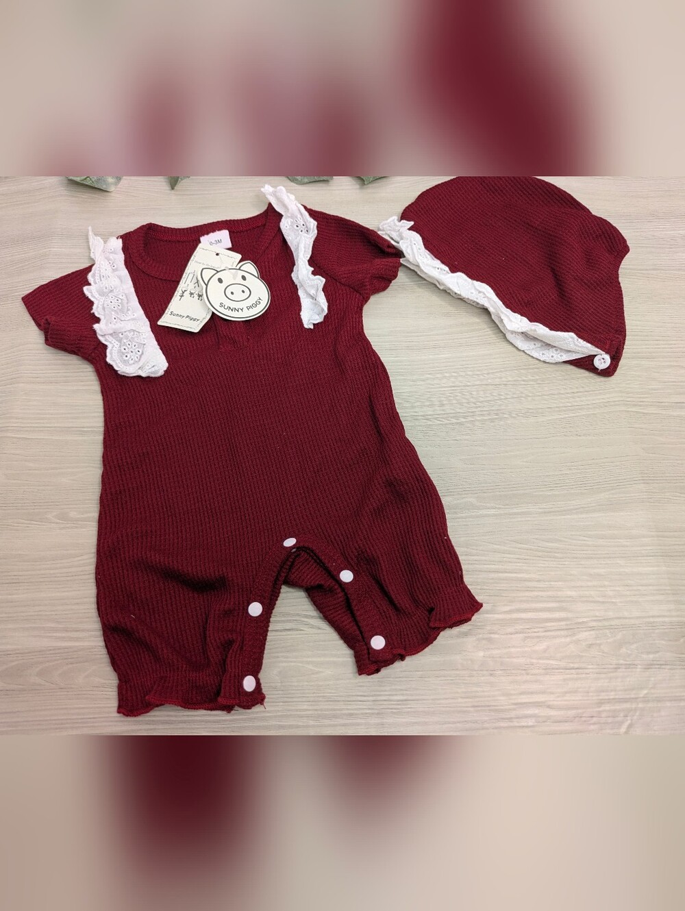 Burgundy Ruffle-Trim Baby Matching Set - Picture 2 of 8